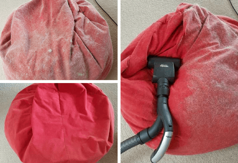 A collage of images of a red bean bag covered in pet fur, in various stages of being vacuum cleaned.