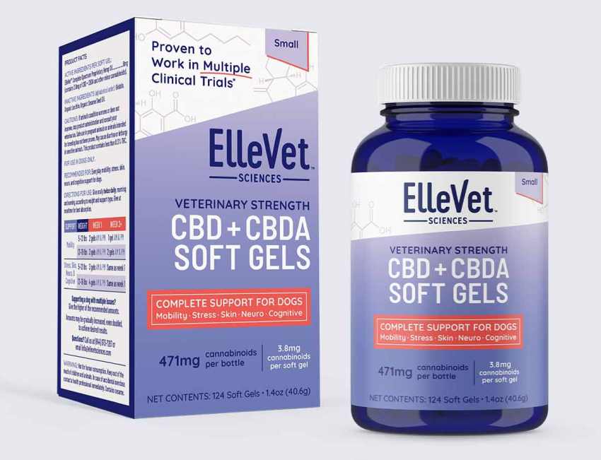 Product images for ElleVet CBD + CBDA soft gels. Complete support for dogs.