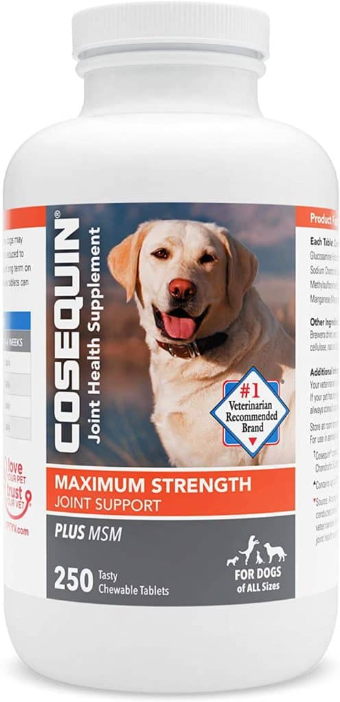 A 250 tablet bottle of Nutramax Cosequin Maximum Strength Joint Health Supplement for Dogs.