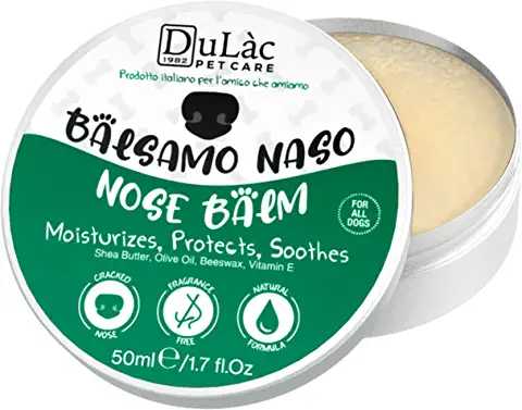 A tub of Balsamo Naso Nose Balm for dogs on a white background.