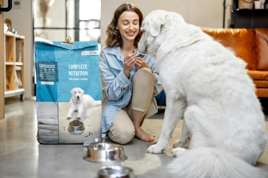 An image of a female dog owner with her dog and a large bag of dog food, depicting the content of this page - a Guide to Optimal Dog Nutrition.