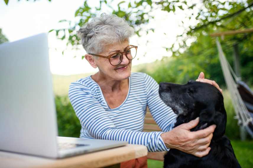 An older woman patting her black Labrador dog sitting in front of a laptop computer out doors. Online dog training courses