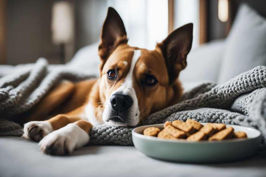 AI generated image of a brown and white dog lying under a blanket withe food bowl in the foreground.