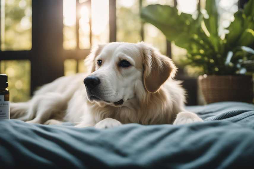 A serene dog lies on a cozy bed, surrounded by calming colors and natural elements. A bottle of CBD+CBDA oil sits nearby, with a dropper and bowl of water