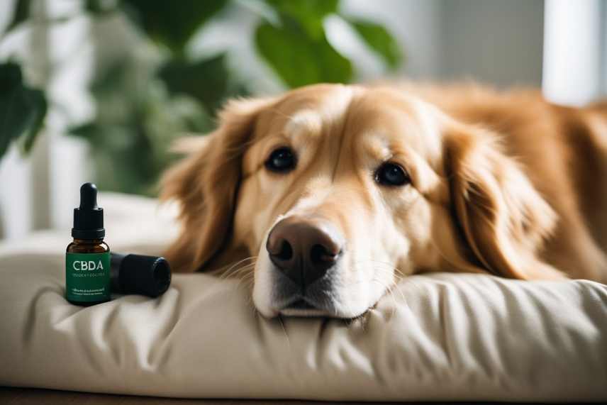 A golden retriever lies peacefully on a cozy dog bed, surrounded by calming greenery. A dropper bottle of CBD+CBDA oil sits nearby, with a small dish of water