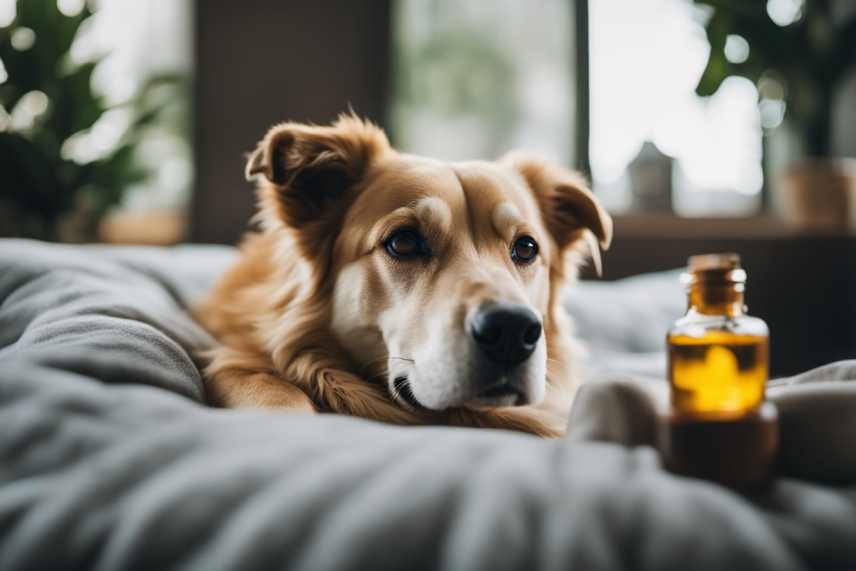 A dog resting on a cozy bed, surrounded by calming elements like soft lighting, a peaceful environment, and a bottle of CBD+CBDA oil nearby