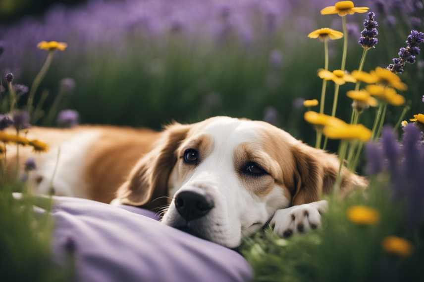 A dog lying peacefully on a cozy bed, surrounded by calming elements like lavender and chamomile plants, with a bottle of CBD+CBDA oil nearby