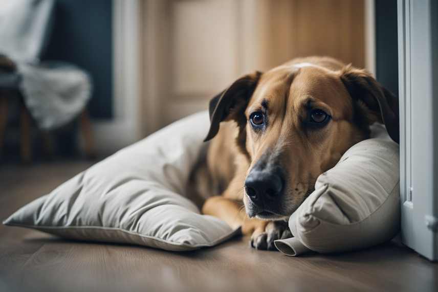 A dog lying in its blanket looking chilled out.