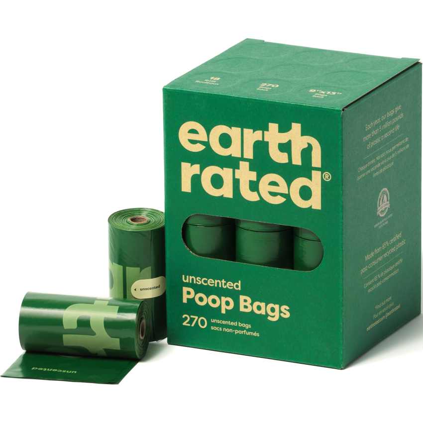 Earth Rated Dog Poop Bags, product display box and 2 loose rolls.