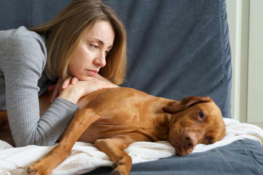 A woman lying on her bed with her sick dog.