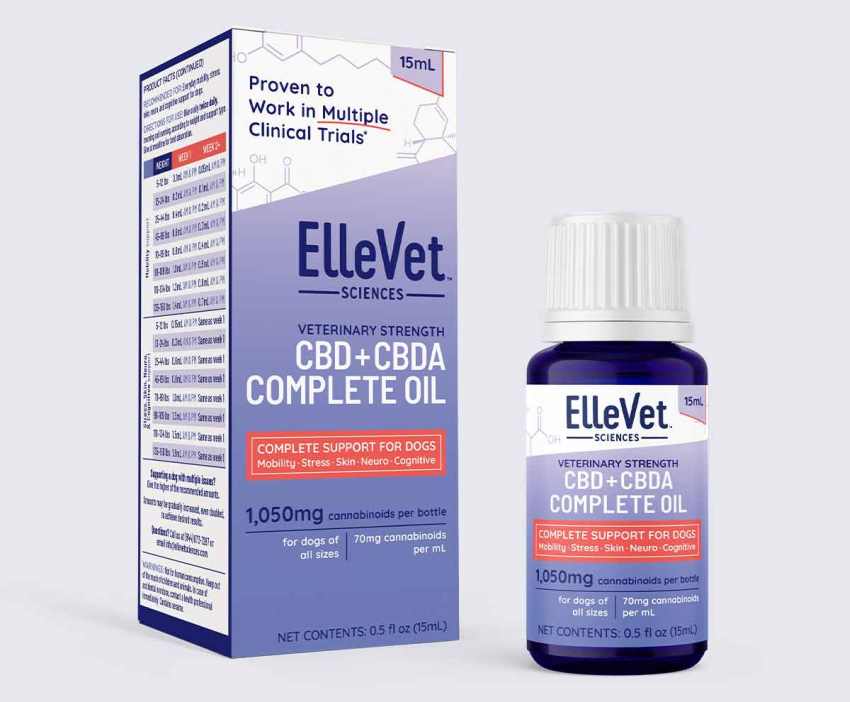 Product images for ElleVet Sciences CBD and CBDA oil for dogs. 15ml box and bottle.