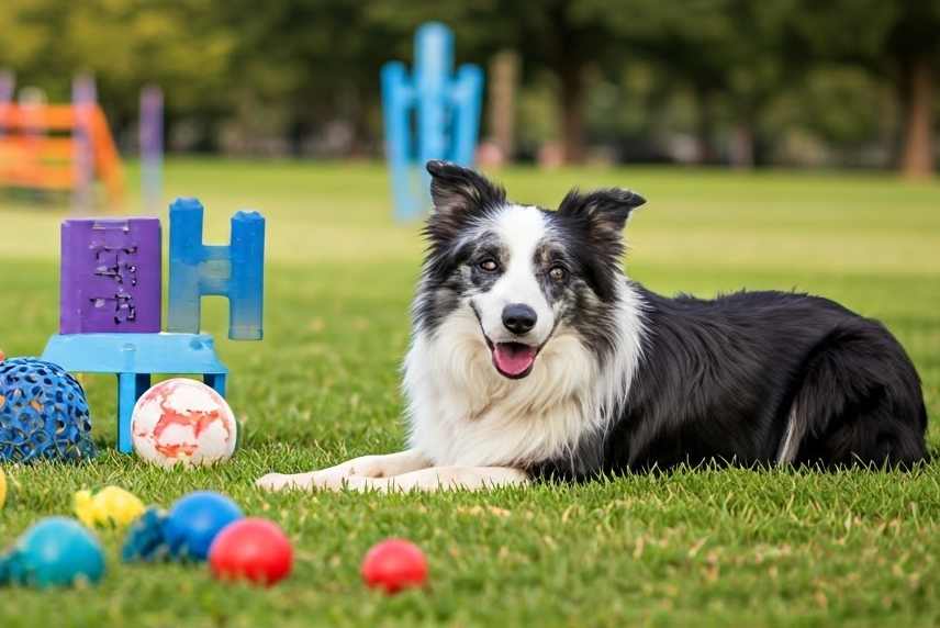 Border Collie lying on the grass surrounded by plastic toys.