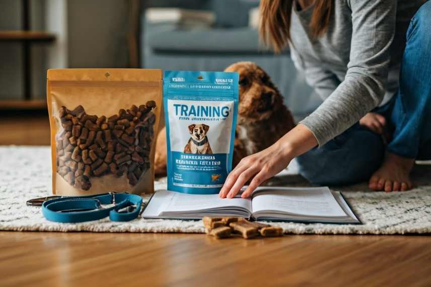 A dog owner preparing to train her reactive dog, with dog treats and leash.