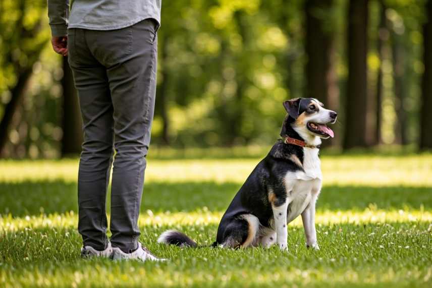 A dog owner, training a dog with positive reinforcement, in a park.