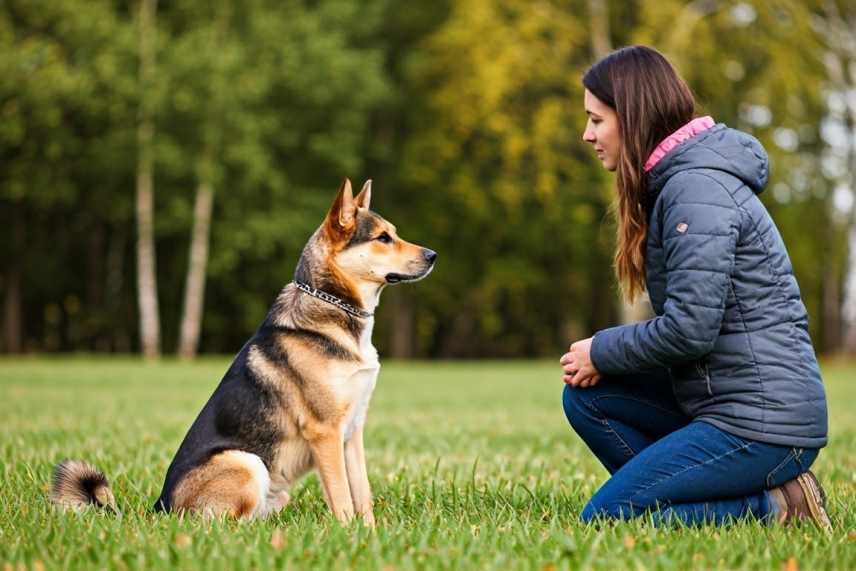 An dog owner teaching bher dog the Stay command in a park.