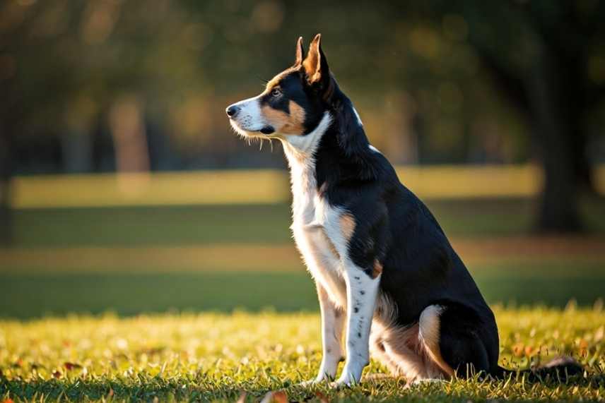 A dog sitting patiently in a park setting, 